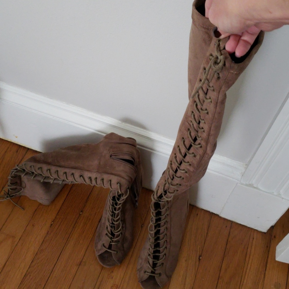 Open toe lace up over the knee boots